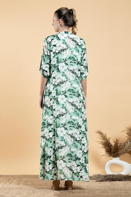 Shop Divi By Sonal Khandelwal Green Modal, Satin Round Neck Wild Apple Print Cape And Dress Set at Aza Fashions Shop_Divi By Sonal Khandelwal_Green Modal, Satin Round Neck Wild Apple Print Cape And Dress Set _at_Aza_Fashions