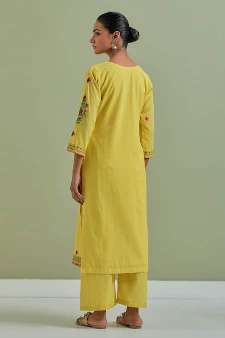 Shop Priya Chaudhary Yellow Cotton Embroidery Round Neck Kurta And Pant Set at Aza Fashions Shop_Priya Chaudhary_Yellow Cotton Embroidery Round Neck Kurta And Pant Set _at_Aza_Fashions