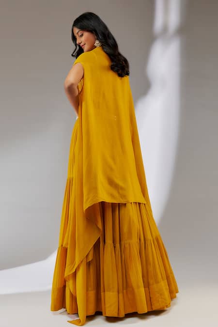 Shop_Neha Khullar_Yellow Chiffon, Crepe Cut Work, Pearls Sweetheart Neck Tiered Lehenga Cape Set _at_Aza_Fashions