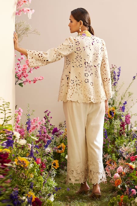 Shop Chandrima Ivory Chanderi Embroidery Floral Cut Work Straight Pant at Aza Fashions Shop_Chandrima_Ivory Chanderi Embroidery Floral Cut Work Straight Pant _at_Aza_Fashions