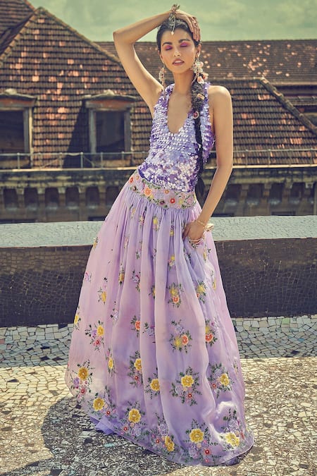 Shop Surily G Purple Net Hand Embroidered Sequin Work Halter Neck Bodysuit at Aza Fashions Shop_Surily G_Purple Net Hand Embroidered Sequin Work Halter Neck Bodysuit _at_Aza_Fashions