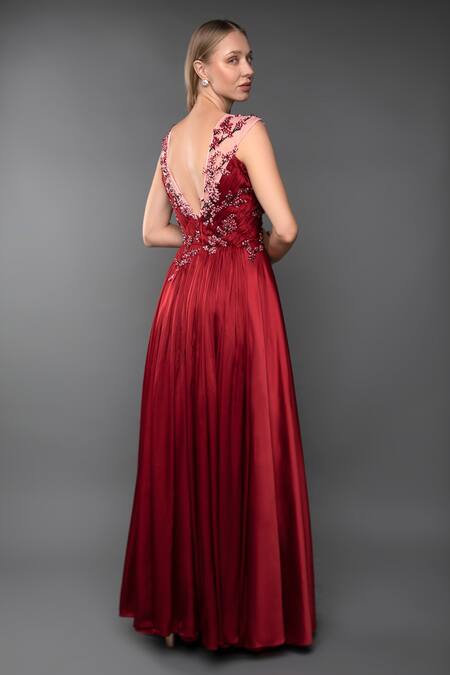 Floral Printed Cherry Red A-line Gown LSTV124442