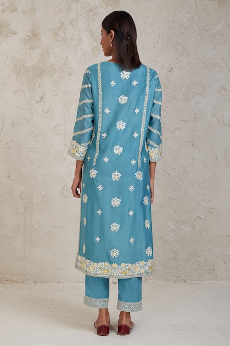Shop Sue Mue Blue Chanderi Embroidery Umaiza Handwoven Kurta Pant Set at Aza Fashions Shop_Sue Mue_Blue Chanderi Embroidery Umaiza Handwoven Kurta Pant Set _at_Aza_Fashions