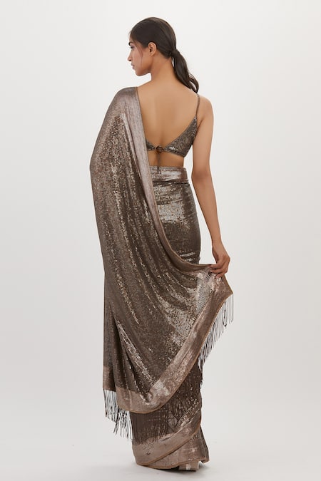 Shop Nakul Sen Grey Chiffon Fringe, Sequins Scoop Neck Embroidered Saree With Blouse at Aza Fashions Shop_Nakul Sen_Grey Chiffon Fringe, Sequins Scoop Neck Embroidered Saree With Blouse_at_Aza_Fashions
