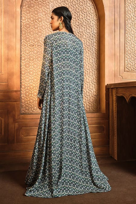 Shop Aneesh Agarwaal Blue Chiffon, Organza Embroidery Sweetheart Ikat Print Zardozi Sharara Set at Aza Fashions Shop_Aneesh Agarwaal_Blue Chiffon, Organza Embroidery Sweetheart Ikat Print Zardozi Sharara Set _at_Aza_Fashions