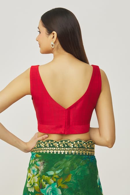 Shop_Samyukta Singhania_Red Muslin Plunge Neck V Plain Blouse _at_Aza_Fashions