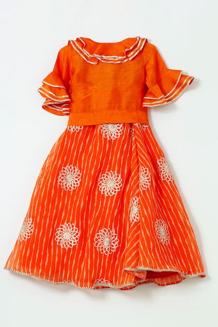 Shruti Jalan Orange Crepe Silk Leheriya Pattern Lehenga And Ruffled Shirt Set 