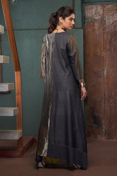 Shop_Bodhi Tree_Black Tissue Zari Embroidery Floral V Neck Zardozi Butta Kaftan _at_Aza_Fashions
