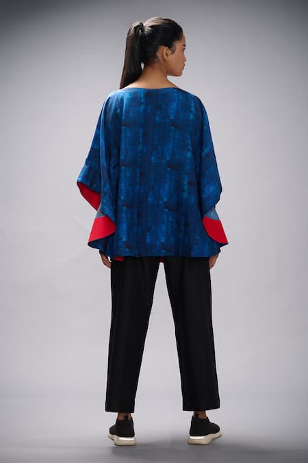 Shop Taika By Poonam Bhagat Blue Silk Embroidery Round Neck Printed And Poncho at Aza Fashions Shop_Taika By Poonam Bhagat_Blue Silk Embroidery Round Neck Printed And Poncho _at_Aza_Fashions