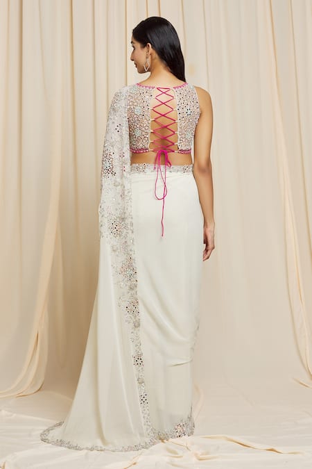 Shop Izzumi Mehta Ivory Georgette Cutwork, Mirror Round Hand Embroidered Saree With Blouse at Aza Fashions Shop_Izzumi Mehta_Ivory Georgette Cutwork, Mirror Round Hand Embroidered Saree With Blouse _at_Aza_Fashions