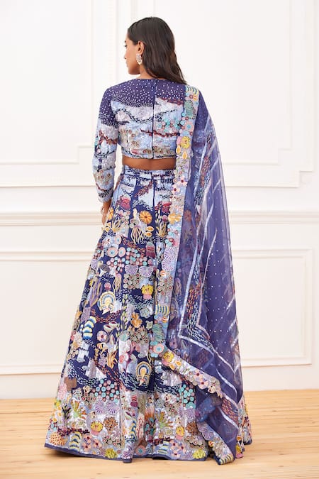 Shop Rahul Mishra Blue Blouse And Lehenga - Silk Embroidery Sequin & Under Water 3d Hand Set at Aza Fashions Shop_Rahul Mishra_Blue Blouse And Lehenga - Silk Embroidery Sequin & Under Water 3d Hand Set _at_Aza_Fashions