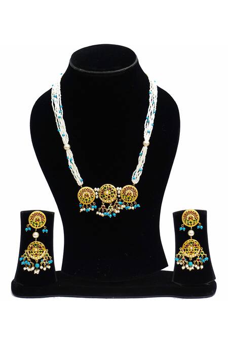 Shop Devanshi Renu Jewels Gold Plated Stone Embroidered Necklace Set at Aza Fashions Shop_Devanshi Renu Jewels_Gold Plated Stone Embroidered Necklace Set_at_Aza_Fashions