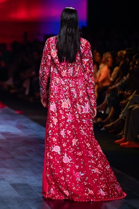 Shop Nachiket Barve Red Georgette, Organza Beads, Embroidery Moonflower Jacket And Trouser Set at Aza Fashions Shop_Nachiket Barve_Red Georgette, Organza Beads, Embroidery Moonflower Jacket And Trouser Set _at_Aza_Fashions