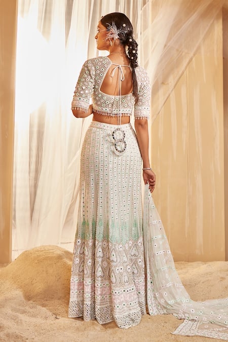 Shop House of Exotique Ivory Georgette Embroidery Round Neck Chikanari Lehenga Set at Aza Fashions Shop_House of Exotique_Ivory Georgette Embroidery Round Neck Chikanari Lehenga Set _at_Aza_Fashions
