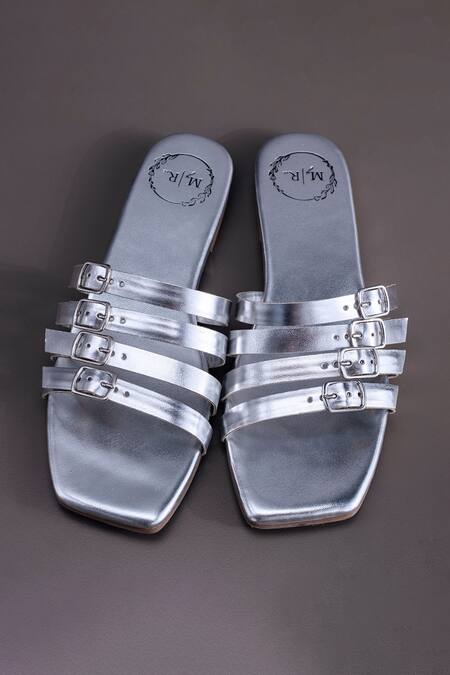 Shop_Myra_Silver Plain Vegan Leather Buckle Flats_at_Aza_Fashions
