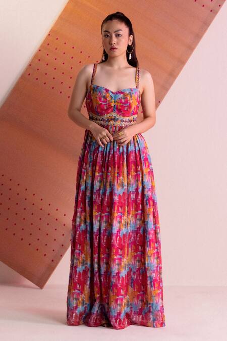 Shop Joskai Studio Multi Color Cotton Silk Printed Brushstroke Sweetheart Neck Gown at Aza Fashions Shop_Joskai Studio_Multi Color Cotton Silk Printed Brushstroke Sweetheart Neck Gown_at_Aza_Fashions