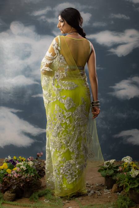Shop Saksham & Neharicka Green Net Embroidery, Zari, Patchwork Floral Jaal Saree at Aza Fashions Shop_Saksham & Neharicka_Green Net Embroidery, Zari, Patchwork Floral Jaal Saree _at_Aza_Fashions