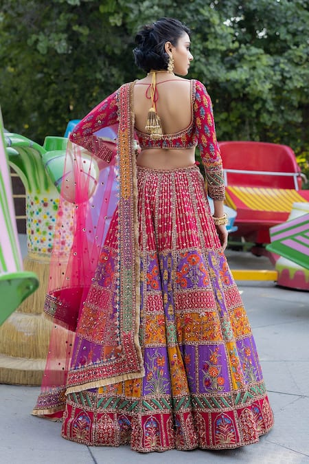 Shop_Irrau By Samir Mantri_Multi Color Georgette, Net Beads, Hand Embroidered Panelled Bridal Lehenga Set _at_Aza_Fashions