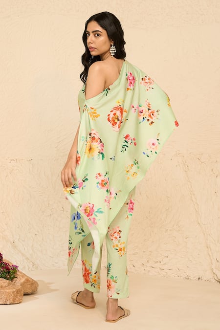 Chrkha Floral Print Asymmetric Kaftan & Pant Set 