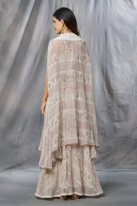 Shop Aksh Ivory Georgette, Taffeta Mirrors, Embroidery Madhubani Print Cape Sharara Set at Aza Fashions Shop_Aksh_Ivory Georgette, Taffeta Mirrors, Embroidery Madhubani Print Cape Sharara Set_at_Aza_Fashions