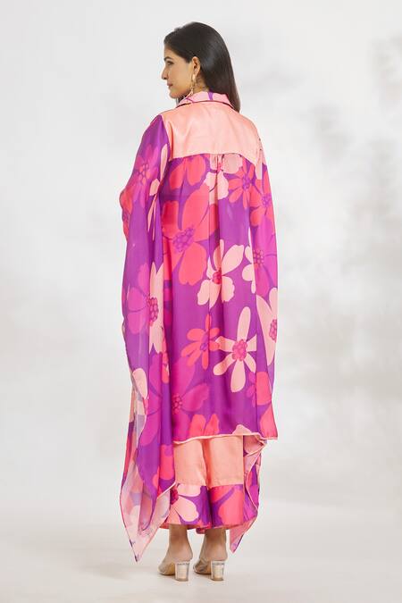 Shop_Paksh_Purple Silk Satin Collared Floral Print Kaftan And Pant Set _at_Aza_Fashions