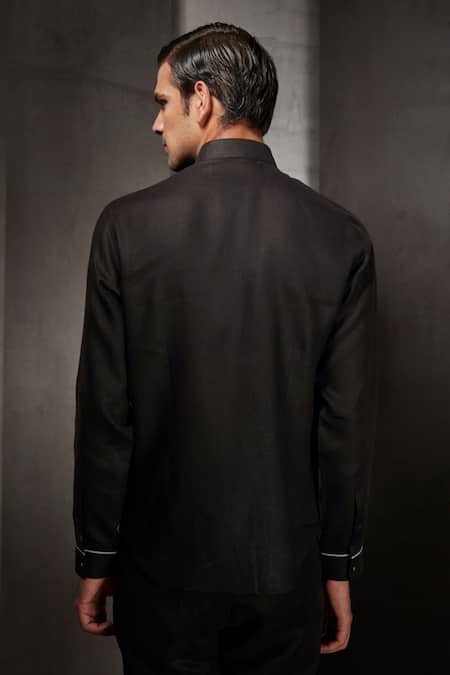 Shop Rohit Gandhi + Rahul Khanna Black Linen Applique Work Shirt at Aza Fashions Shop_Rohit Gandhi + Rahul Khanna_Black Linen Applique Work Shirt _at_Aza_Fashions
