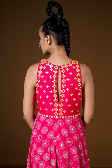Shop_Pooja Rajgarhia Gupta_Fuchsia Silk Embroidery, Sequins Keyhole Neck Aalta Flower Print Jumpsuit _at_Aza_Fashions