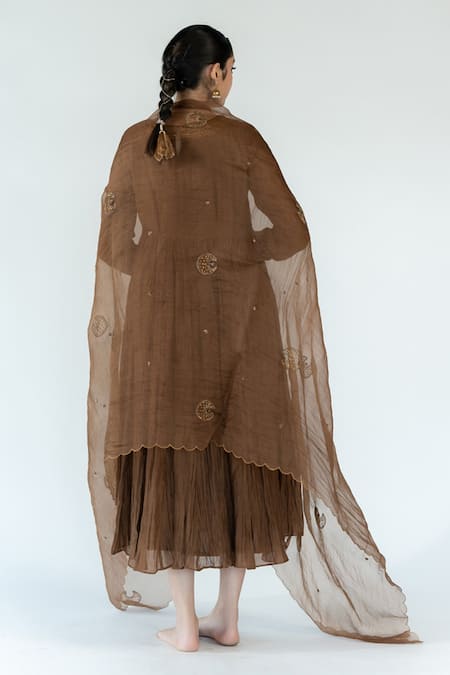 Shop_Nirjara_Brown Organza Silk Embroidered Kagri Chaand Odhani  _at_Aza_Fashions