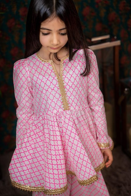 Shop_The Pony & Peony CO._Pink Cotton Fringe, Gota Patti Mughal Printed Peplum And Sharara Set _at_Aza_Fashions