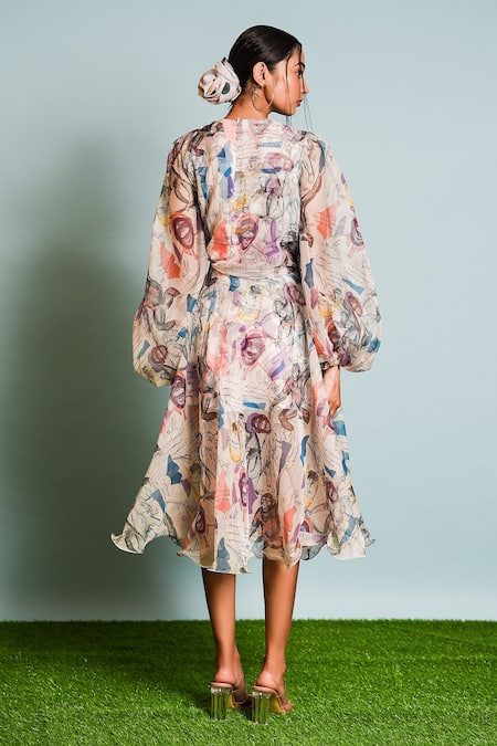 Shop The Dramebaaz CO Ivory Organza, Muslin Round Neck Japanese Macaques Print Top With Skirt at Aza Fashions Shop_The Dramebaaz CO_Ivory Organza, Muslin Round Neck Japanese Macaques Print Top With Skirt _at_Aza_Fashions