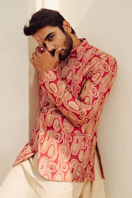 Shop Ankita Shahabadi Pink Silk Beads Abstract Print Bandhgala at Aza Fashions Shop_Ankita Shahabadi_Pink Silk Beads Abstract Print Bandhgala _at_Aza_Fashions