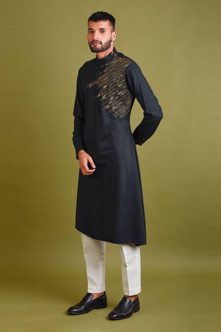 Shop_Chatenya Mittal_Black Poly Wool Embroidery Cutdana Asymmetric Hem Kurta Set _at_Aza_Fashions