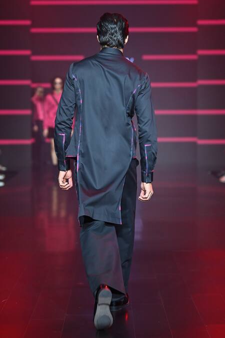 Shop Dhruv Vaish Black Cotton Satin Double Flap Kurta at Aza Fashions Shop_Dhruv Vaish_Black Cotton Satin Double Flap Kurta_at_Aza_Fashions