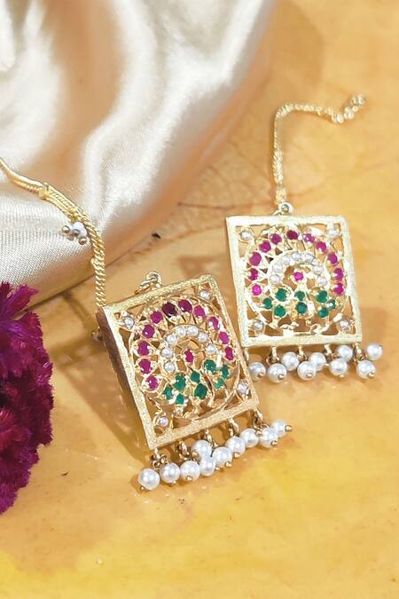 Shop Devanshi Renu Jewels Gold Plated Stone Geometric Shaped Earrings at Aza Fashions Shop_Devanshi Renu Jewels_Gold Plated Stone Geometric Shaped Earrings_at_Aza_Fashions