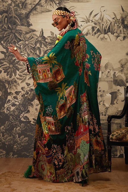 Shop_Kalista_Green Crepe Beads V-neck Aamna Mughal Pattern Kaftan _at_Aza_Fashions