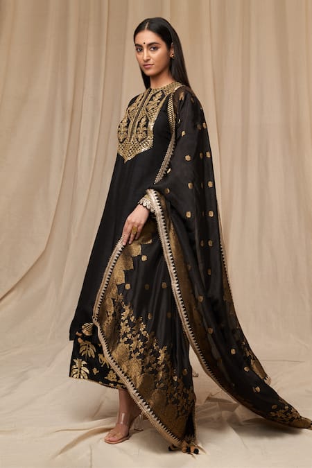 Shop_Masaba_Black Silk, Brocade Embroidery Round Neck Oasis Print Culottes Set_at_Aza_Fashions