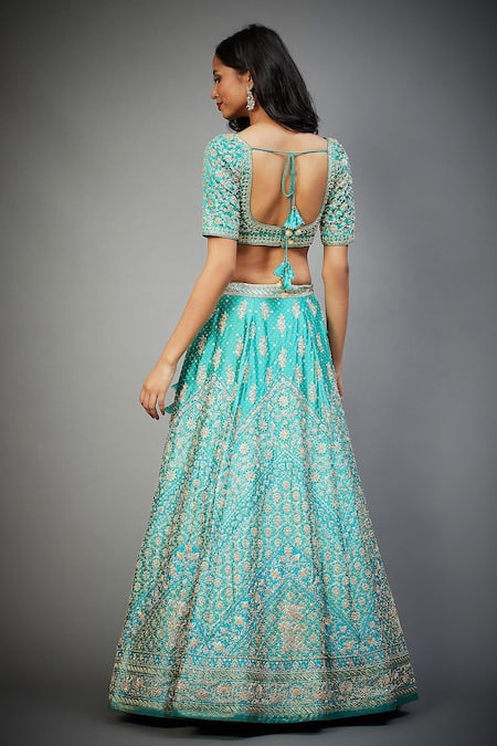 Shop_RI.Ritu Kumar_Green Blouse And Lehenga Silk Satin & Dupatta Tania Floral Bridal Set _at_Aza_Fashions