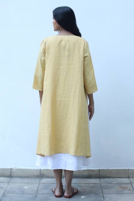 Shop_Linen Bloom_Yellow Placement Embroidered Front Open Cape _at_Aza_Fashions