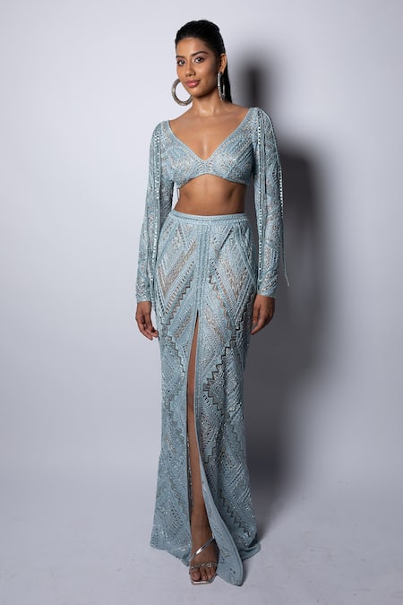 Ritika Mirchandani Saga Geometric Embroidered Blouse & Skirt Set 