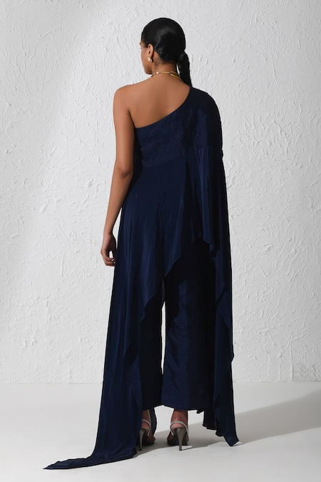 Shop Rishi and Vibhuti Blue Crepe, Silk Embroidery Alora One Shoulder Cape And Wide Leg Pant Set at Aza Fashions Shop_Rishi and Vibhuti_Blue Crepe, Silk Embroidery Alora One Shoulder Cape And Wide Leg Pant Set _at_Aza_Fashions