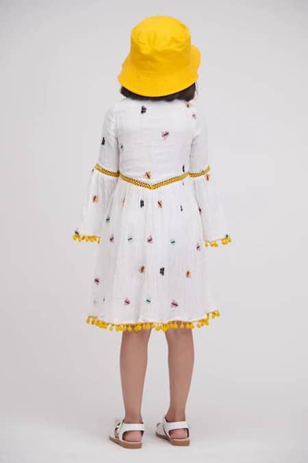 Shop Littlecheer White Cotton Pom-poms, Embroidery Butterfly Dress at Aza Fashions Shop_Littlecheer_White Cotton Pom-poms, Embroidery Butterfly Dress _at_Aza_Fashions