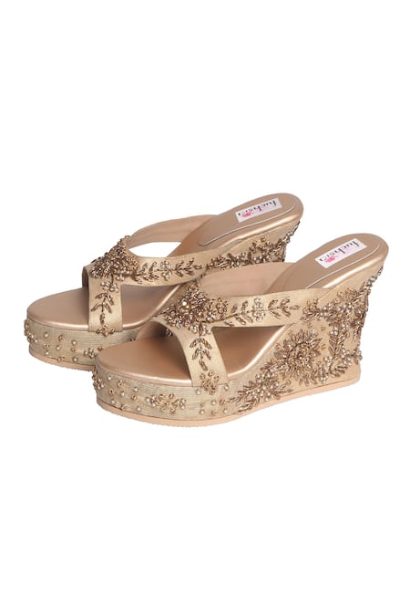 Shop_Fuchsia by aashaka mehta_Gold Zari, Pearls Nargis Floral Embroidered Wedges And Clutch Set _at_Aza_Fashions