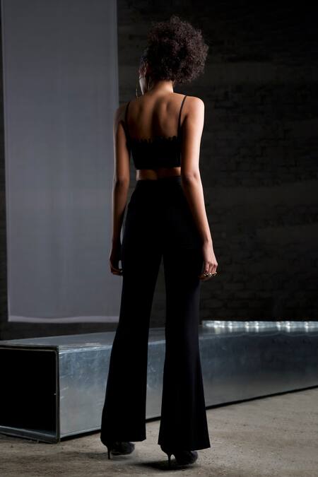 Shop Pocketful Of Cherrie Black Crepe Embroidery Slit Hem Bell Bottom at Aza Fashions Shop_Pocketful Of Cherrie_Black Crepe Embroidery Slit Hem Bell Bottom_at_Aza_Fashions