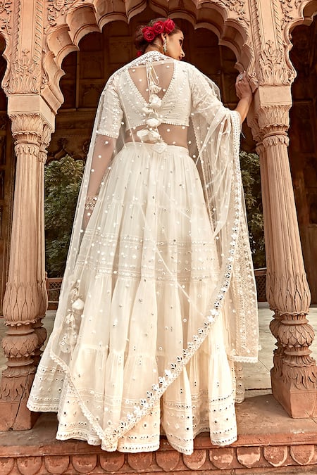 Shop_Preevin_Off White Cotton, Tulle, Net Mirrors Plunge Neck Embellished Lehenga Set _at_Aza_Fashions