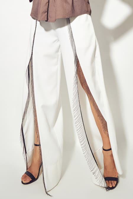 Shop Sameer Madan White Cotton Fringe The Rue Embellished Pant at Aza Fashions Shop_Sameer Madan_White Cotton Fringe The Rue Embellished Pant _at_Aza_Fashions