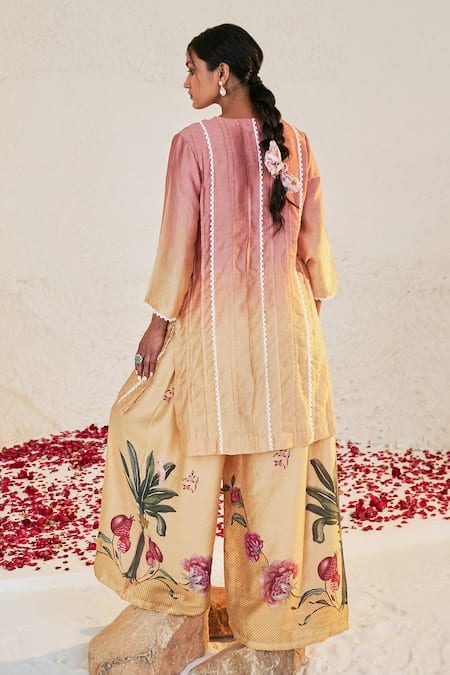 Shop Sage Saga Yellow Chanderi Lace V-neck Mahgul Work Kurta And Sharara Set at Aza Fashions Shop_Sage Saga_Yellow Chanderi Lace V-neck Mahgul Work Kurta And Sharara Set _at_Aza_Fashions