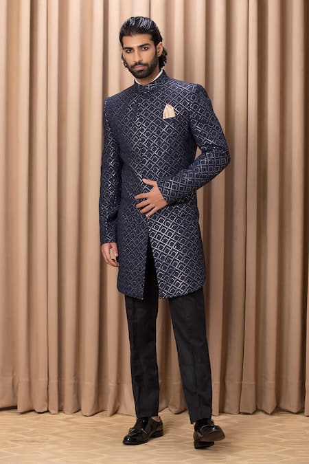 Shop Ankit V Kapoor Blue Cotton, Georgette Embroidery Ranjha Jacket Kurta With Trouser Set at Aza Fashions Shop_Ankit V Kapoor_Blue Cotton, Georgette Embroidery Ranjha Jacket Kurta With Trouser Set _at_Aza_Fashions
