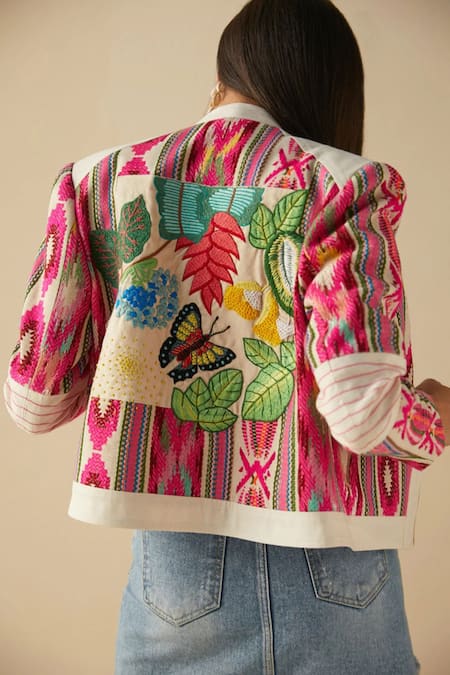 Shop_Betrue_Beige Embroidery Mandarin Collar Abstract Bomber Jacket _at_Aza_Fashions