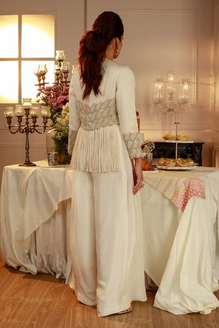 Shop Nehha Nhata Off White Silk, Organza Tassels Cord Embroidered Jacket And Draped Pant Set at Aza Fashions Shop_Nehha Nhata_Off White Silk, Organza Tassels Cord Embroidered Jacket And Draped Pant Set _at_Aza_Fashions