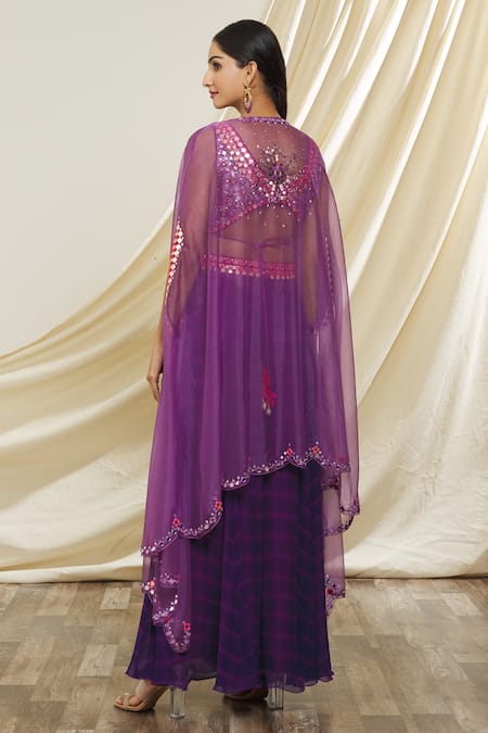 Shop_Yoshita Couture_Purple Georgette Embroidery, Mirrors V-neck Nori Cape And Tie Dye Sharara Set _at_Aza_Fashions